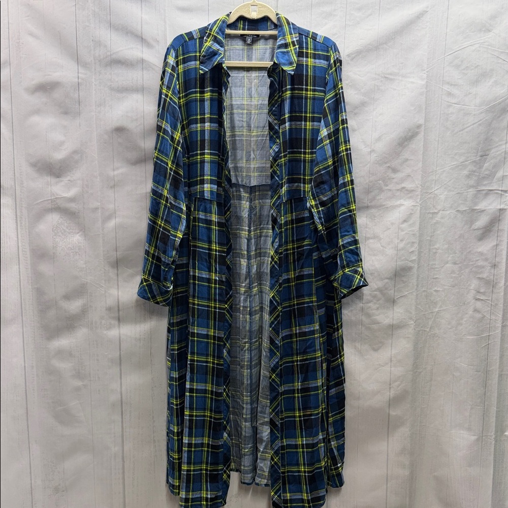 Torrid Blue and Yellow Challis Long Maxi Shirt Style Open Front Kimono Size 2X - Picture 5 of 15